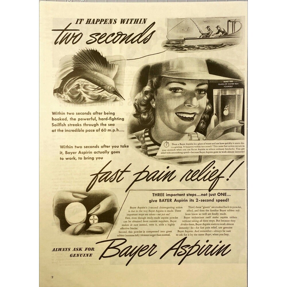 Bayer Aspirin "It Happen within seconds fast pain relief" Vintage Print Ad 1946